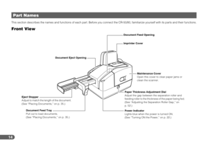 Page 1414
This section describes the names and functions of each part. Before you connect the CR-50/80, familiarize yourself with its parts and their functions.
Front View
Part Names
Document Eject Opening
Paper Thickness Adjustment Dial
Adjust the gap between the separation roller and 
feeding roller to the thickness of the paper being fed. 
(See “Adjusting the Separation Roller Gap,” on 
p. 52.) Imprinter Cover
Maintenance Cover
Open this cover to clear paper jams or 
clean the scanner. Document Feed Opening...