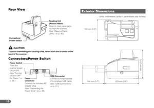 Page 1616
Rear View
CAUTION
To avoid overheating and causing a fire, never block the air vents on the 
back of the scanner.
Connectors/Power Switch
Units: millimeters (units in parenthesis are inches)
Reading Unit 
(Access Hatch)
Open to clear paper jams 
or clean the scanner. 
(See “Clearing Paper 
Jams,” on p. 40.)
Connectors/
Power Switch
Power Switch
Turns the 
scanner power 
ON or OFF. 
(See “Turning 
ON and OFF 
the Power,” on 
p. 22.)Power 
Connector
Connect the included AC 
adapter plug. 
(See...