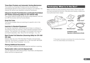 Page 1313
Three Eject Pockets and Automatic Sorting MechanismThe scanner has three Eject Pockets and the documents are 
automatically ejected to each pocket according to sort methods. The 
scanner fits various scan operations using this mechanism.
Ultrasonic Double Feed Detection and Double Feed Detect 
OFF Button (Scanning Utility for CR-135i/CR-190i)
The scanner detects double-fed documents using ultrasonic, and can 
turn OFF the function with the Function Button.
Drop-Out ColorThis function enables drop-out...
