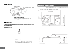 Page 1616
Rear View
CAUTION
To avoid overheating and causing a fire, never block the air vents on the 
back of the scanner.
Connector
Units: millimeters (units in parenthesis are inches)Ink Disposal Tank Pocket
Connector
Air Vent
Power Cord Connector
Connect the power cord provided with the 
scanner to this connector.
USB Connector
Connect a Hi-Speed USB 2.0 compatible 
cable. (See “USB Connections,” on p. 20.)
Exterior Dimensions
476 mm (18.7)
272 mm (10.7)
581 mm (22.9) (with the eject stopper open)
177 mm...