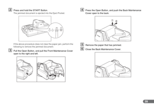 Page 3939
BPress and hold the START Button.The jammed document is ejected into the Eject Pocket.
If the above procedure does not clear the paper jam, perform the 
following to remove the jammed document.
CPull the Open Button, and pull the Front Maintenance Cover 
open to the right and left.
DPress the Open Button, and push the Back Maintenance 
Cover open to the back.
ERemove the paper that has jammed.
FClose the Back Maintenance Cover. 