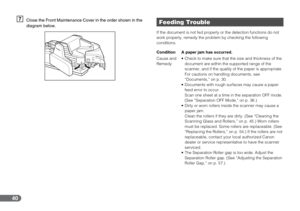 Page 4040
GClose the Front Maintenance Cover in the order shown in the 
diagram below.
If the document is not fed properly or the detection functions do not 
work properly, remedy the problem by checking the following 
conditions.
Feeding Trouble
Condition A paper jam has occurred.
Cause and 
Remedy Check to make sure that the size and thickness of the 
document are within the supported range of the 
scanner, and if the quality of the paper is appropriate.
For cautions on handling documents, see 
“Documents,”...