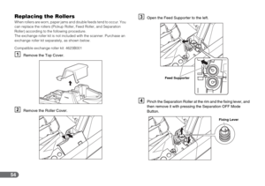 Page 5454
Replacing the Rollers
When rollers are worn, paper jams and double feeds tend to occur. You 
can replace the rollers (Pickup Roller, Feed Roller, and Separation 
Roller) according to the following procedure.
The exchange roller kit is not included with the scanner. Purchase an 
exchange roller kit separately, as shown below.
Compatible exchange roller kit: 4623B001
ARemove the Top Cover.
BRemove the Roller Cover.
COpen the Feed Supporter to the left.
DPinch the Separation Roller at the rim and the...