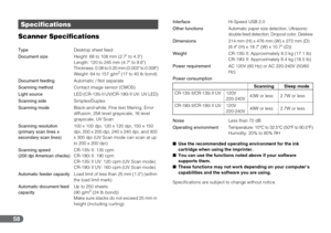 Page 5858
Scanner Specifications
Power consumption
■Use the recommended operating environment for the ink 
cartridge when using the imprinter.
■ You can use the functions noted above if your software 
supports them.
■ These functions may not work depending on your computer’s 
capabilities and the software you are using.
Specifications are subject to change without notice.
Specifications
Type Desktop sheet feed
Document size Height: 68 to 108 mm (2.7 to 4.3)
Length: 120 to 245 mm (4.7 to 9.6)
Thickness: 0.08 to...
