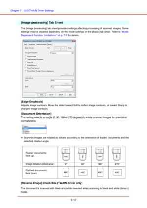 Page 116Chapter 7  ISIS/TWAIN Driver Settings
7-17
[Image processing] Tab Sheet
The [Image processing] tab sheet provides settings affecting processing of scanned images. Some 
settings may be disabled depending on the mode settings on the [Basic] tab sheet. Refer to “Mode-
Dependent Function Limitations,” on p. 7-7 for details.
 
[Edge Emphasis]
Adjusts image contours. Move the slider toward Soft to soften image contours, or toward Sharp to 
sharpen image contours.
[Document Orientation]
This setting selects an...