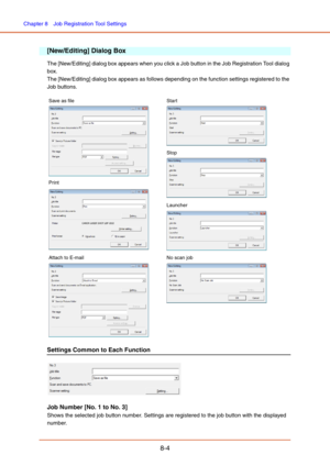 Page 132Chapter 8  Job Registration Tool Settings
8-4
[New/Editing] Dialog Box
The [New/Editing] dialog box appears when you click a Job button in the Job Registration Tool dialog 
box. 
The [New/Editing] dialog box appears as follows depending on the function settings registered to the 
Job buttons.
Settings Common to Each Function
Job Number [No. 1 to No. 3]
Shows the selected job button number. Settings are registered to the job button with the displayed 
number.
Save as file Start
PrintStop
Launcher
Attach...