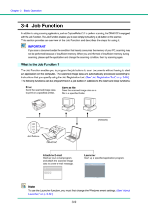 Page 39
Chapter 3  Basic Operation
3-9
3-4 Job Function
In addition to using scanning applications, such as CapturePerfect 3.1 to perform scanning, the DR-6010C is equipped 
with the Job Function. The Job Function enables you to scan simply by touching a job button on the scanner.
This section provides an overview of the Job Function and describes the steps for using it.
IMPORTANT
If you scan a document under the condition that heavily consumes the memory of your PC, scanning may 
not be performed because of...