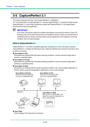 Page 46Chapter 3  Basic Operation
3-16
3-5 CapturePerfect 3.1
This section describes the flow of the CapturePerfect 3.1 application.
For more information on CapturePerfect 3.1, see the CapturePerfect 3.1 Operation Guide and the 
CapturePerfect 3.1 online Help. Familiarize yourself with CapturePerfect 3.1 by reading these 
sources before using the application.
IMPORTANT
If you scan a document under the condition that heavily consumes the memory of your PC, 
scanning may not be performed because of insufficient...