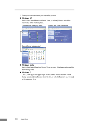 Page 116
110Appendices
2. This operation depends on your operating system.
„Windows XP
Switch the Control Panel to Classic View, or select [Printers and Other 
Hardware] in the working field.
„ Windows Vista
Switch the Control Panel to Classic View, or select [Hardware and sound] in 
the working field.
„ Windows 7
Click [View by] at the upper-right of the Control Panel, and then select 
[Large icons] or [Small icons] from the list, or select [Hardware and Sound] 
in the category view.
Printers and Other...