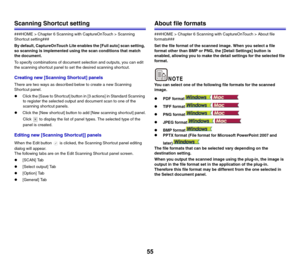 Page 5555
Scanning Shortcut setting
###HOME > Chapter 6 Scanning with CaptureOnTouch > Scanning 
Shortcut setting###
By default, CaptureOnTouch Lite enables the [Full auto] scan setting, 
so scanning is implemented using the scan conditions that match 
the document.
To specify combinations of document selection and outputs, you can edit 
the scanning shortcut panel to set the desired scanning shortcut.
Creating new [Scanning Shortcut] panels
There are two ways as described below to create a new Scanning...