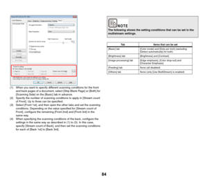 Page 8484
(1) When you want to specify different scanning conditions for the front 
and back pages of a document, select [Skip Blank Page] or [Both] for 
[Scanning Side] on the [Basic] tab in advance.
(2) Specify the number of scanning conditions to apply in [Stream count 
of Front]. Up to three can be specified.
(3) Select [Front 1st], and then open the other tabs and set the scanning 
conditions. Depending on the value specified for [Stream count of 
Front], configure the remaining [Front 2nd] and [Front 3rd]...