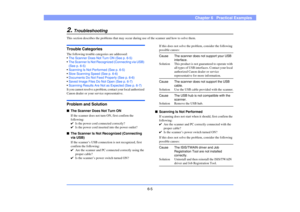Page 876-5
Chapter 6   Practical Examples
2.
Troubleshooting
This section describes the problems that may occur during use of the scanner and how to solve them.Trouble CategoriesThe following trouble categories are addressed:
•The Scanner Does Not Turn ON (See p. 6-5)
•The Scanner Is Not Recognized (Connecting via USB) 
(See p. 6-5)
•Scanning Is Not Performed (See p. 6-5)
•Slow Scanning Speed (See p. 6-6)
•Documents Do Not Feed Properly (See p. 6-6)
•Saved Image Files Do Not Open (See p. 6-7)
•Scanning Results...