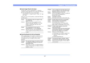 Page 896-7
Chapter 6   Practical Examples
■Saved Image Files Do Not Open
If image files saved by CapturePerfect 3.1 cannot be 
opened by another application, first confirm the following:
✔Does the application you are using support 
CapturePerfect 3.1 image file types (*.bmp, *.tif, *.jpg 
and *.pdf)?
If this does not solve the problem, consider the following 
possible causes:Cause The application does not support multi-
page TIFF files.
Solution Open the files using an application that 
supports multi-page TIFF...