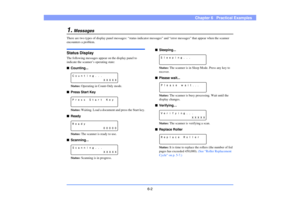 Page 846-2
Chapter 6   Practical Examples
1.
Messages
There are two types of display panel messages: “status indicator messages” and “error messages” that appear when the scanner 
encounters a problem.Status DisplayThe following messages appear on the display panel to 
indicate the scanner’s operating state:■Counting...
Status: Operating in Count-Only mode.
■Press Start Key
Status: Waiting. Load a document and press the Start key.
■Ready
Status: The scanner is ready to use.
■Scanning...
Status: Scanning is in...