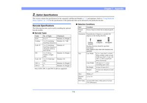 Page 967-5
Chapter 7   Appendix
2.
Option Specifications
This section contains the specifications for the separately sold Barcode Module (p. 7-3) and imprinters. Refer to “Using Patchcode 
Sheets (Option)” (p. 3-19) for the specifications of the patchcodes that can be detected by the patchcode decoder.Barcode SpecificationsThe following barcodes can be read by installing the optional 
barcode module.■Barcode Types
Note: EAN, UPC-A and UPC-E add-ons supported
■Detection Conditions
Code No. of Digits Checksum
EAN...