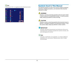 Page 1313
Hint
In Windows 8.1/8, it is registered at the following location.Symbols Used in This Manual
The following symbols are used in this manual to explain procedures, 
restrictions, handling precautions, and instructions that should be 
observed for safety.
WARNING
Indicates a warning concerning operations that may lead to death 
or injury to persons if not performed correctly. To use the scanner 
safely, always pay attention to these warnings.
CAUTION
Indicates a caution concerning operations that may...