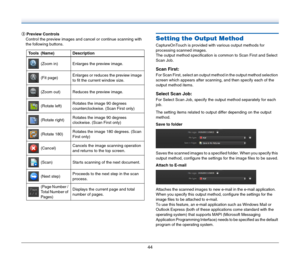 Page 4444
CPreview Controls
Control the preview images and cancel or continue scanning with 
the following buttons.Setting the Output Method
CaptureOnTouch is provided with various output methods for 
processing scanned images.
The output method specification is common to Scan First and Select 
Scan Job.
Scan First:
For Scan First, select an output method in the output method selection 
screen which appears after scanning, and then specify each of the 
output method items.
Select Scan Job:
For Select Scan Job,...