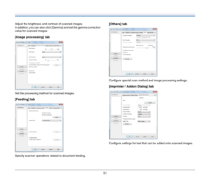 Page 5151
Adjust the brightness and contrast of scanned images.
In addition, you can also click [Gamma] and set the gamma correction 
value for scanned images.
[Image processing] tab
Set the processing method for scanned images.
[Feeding] tab
Specify scanner operations related to document feeding.
[Others] tab
Configure special scan method and image processing settings.
[Imprinter / Addon Dialog] tab
Configure settings for text that can be added onto scanned images. 