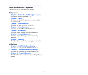 Page 6v
How This Manual is Organized
This manual consists of the following chapters.
■Hardware
Chapter 1   Before You Start Using the Scanner
Provides an overview of the DR-X10C
Chapter 2   Setup
Describes the DR-X10C operating environment and how 
to connect to a PC
Chapter 3   Basic Operation
Describes the basic uses of the DR-X10C
Chapter 4   Other Functions
Describes the User Mode and other functions
Chapter 5   Maintenance
Describes routine cleaning and roller replacement
Chapter 6   Practical Examples...