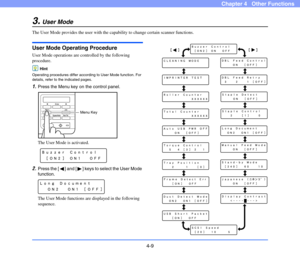 Page 62
4-9
Chapter 4   Other Functions
3.User Mode
The User Mode provides the user with the capability to change certain scanner functions.
User Mode Operating Procedure
User Mode operations are controlled by the following 
procedure.
Hint
Operating procedures differ according to User Mode function. For 
details, refer to the indicated pages.
1.Press the Menu key on  the control panel.
The User Mode is activated.
2.Press the [ ] and [ ] keys to select the User Mode 
function.
The User Mode functions are...