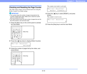 Page 805-13
Chapter 5   Maintenance
Checking and Resetting the Page Counter
The roller usage counter can be checked and reset using the 
Roller Counter User Mode setting.
IMPORTANT
 This counter shows the number of pages transported by the 
currently installed feed rollers. Make sure to reset the counter 
when you replace the rollers.
 The Total Counter shows the total number of pages fed over the 
life of the scanner, and cannot be reset.
1.Press the Menu key on the control panel to activate 
the User Mode....