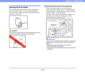 Page 865-19
Chapter 5   Maintenance
Cleaning the Print Heads
If the imprinter print head nozzles are dirty, printing may 
become streaked or spotty. To prevent this, periodically 
remove the ink cartridge and clean the print head with a soft, 
dry cloth or cotton swab.
CAUTION
Do not touch the metal contacts on the ink cartridge. Doing so may 
cause poor connections, resulting in poor print quality.
■Cleaning Out Excess Ink (Pre-Imprinter)
When using the pre-imprinter, document pages are 
transported while the...