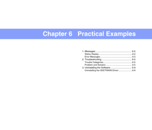 Page 88Chapter 6   Practical Examples
1. Messages ........................................................ 6-2
Status Display .......................................................6-2
Error Messages .....................................................6-3
2. Troubleshooting ............................................... 6-5
Trouble Categories................................................6-5
Problem and Solution ............................................6-5
3. Uninstalling the...