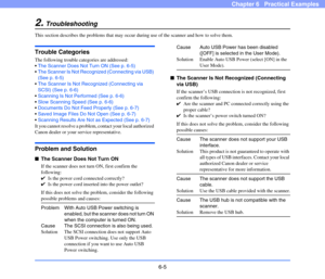 Page 926-5
Chapter 6   Practical Examples
2.Troubleshooting
This section describes the problems that may occur during use of the scanner and how to solve them.
Trouble Categories
The following trouble categories are addressed:
The Scanner Does Not Turn ON (See p. 6-5)
The Scanner Is Not Recognized (Connecting via USB) 
(See p. 6-5)
The Scanner Is Not Recognized (Connecting via 
SCSI) (See p. 6-6)
Scanning Is Not Performed (See p. 6-6)
Slow Scanning Speed (See p. 6-6)
Documents Do Not Feed Properly (See p. 6-7)...