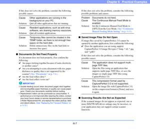 Page 946-7
Chapter 6   Practical Examples
If this does not solve the problem, consider the following 
possible causes:
Cause Other applications are running in the 
background on your PC.
Solution Quit all other applications that are running.
Cause Resident applications, such as anti-virus 
software, are draining memory resources.
Solution Quit all resident applications.
Cause Temporary files cannot be created in the 
TEMP folder, as there is not enough free 
space on the hard disk.
Solution Delete unnecessary...