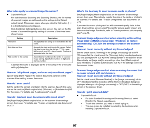 Page 9897
What rules apply to scanned image file names?
CaptureOnTouch
For both Standard Scanning and Scan ning Shortcut, the file names 
of scanned images are set based on the settings in the [Select 
output] panel. This screen opens when you click the Edit button ([   
]) in the [Select document] panel.
Click the [Detail Settings] button on this screen. You can set the file 
names of scanned images by setting al l or some of the three items 
shown below.
A sample file name is displayed as the [File name] in...