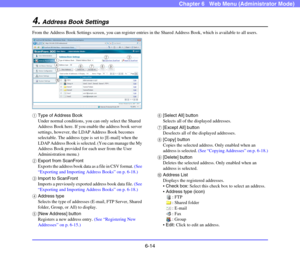 Page 1066-14
Chapter 6   Web Menu (Administrator Mode)
4.Address Book Settings
From the Address Book Settings screen, you can register entries in the Shared Address Book, which is available to all users.
aType of Address Book
Under normal conditions, you can only select the Shared 
Address Book here. If you enable the address book server 
settings, however, the LDAP Address Book becomes 
selectable. The address type is set to [E-mail] when the 
LDAP Address Book is selected. (You can manage the My 
Address Book...