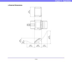 Page 19711-5
Chapter 11   Appendices
❏External Dimensions
6.34
(161 mm)
8.35
(212 mm)
3.50
(89 mm)
8.66
(220 mm)5.74
(139 mm)
11.73
(298 mm)12.2
(310 mm) 