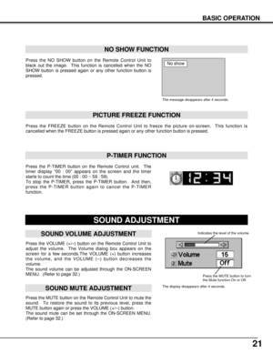 Page 2121
BASIC OPERATION
Press the VOLUME (+/–) button on the Remote Control Unit to
adjust the volume.  The Volume dialog box appears on the
screen for a few seconds.The VOLUME (+) button increases
the volume, and the VOLUME (–) button decreases the
volume.
The sound volume can be adjusted through the ON-SCREEN
MENU.  (Refer to page 32.)
Press the MUTE button on the Remote Control Unit to mute the
sound.  To restore the sound to its previous level, press the
MUTE button again or press the VOLUME (+/–)...