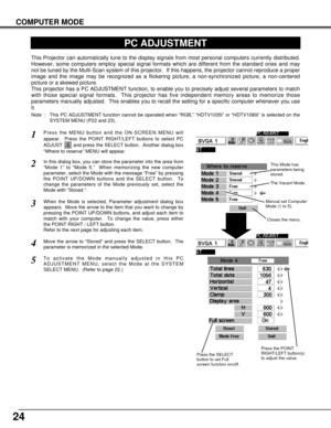 Page 2424
COMPUTER MODE
PC ADJUSTMENT
This Projector can automatically tune to the display signals from most personal computers currently distributed.
However, some computers employ special signal formats which are different from the standard ones and may
not be tuned by the Multi-Scan system of this projector.  If this happens, the projector cannot reproduce a proper
image and the image may be recognized as a flickering picture, a non-synchronized picture, a non-centered
picture or a skewed picture.
This...