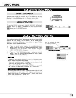 Page 2929
MODE button
VIDEO MODE
Press the MENU button and the ON-SCREEN MENU will
appear.  
Press the POINT LEFT/RIGHT buttons to select Video
and press the SELECT button.  
SELECTING VIDEO MODE
DIRECT OPERATION
Select VIDEO mode by pressing the MODE button on the Top
Control or the VIDEO button on the Remote Control Unit.
MENU OPERATION
COMPUTER
VIDEO
This projector automatically detects the signal from the VIDEO
INPUT JACK(s) or the S-VIDEO INPUT JACK.  When those
jacks are connected at the same time, select...