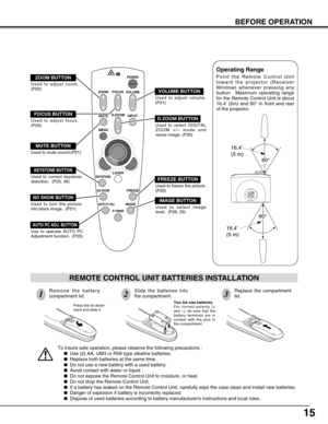 Page 1515
BEFORE OPERATION
To insure safe operation, please observe the following precautions :
Use (2) AA, UM3 or R06 type alkaline batteries.
Replace both batteries at the same time.
Do not use a new battery with a used battery.
Avoid contact with water or liquid.
Do not expose the Remote Control Unit to moisture, or heat.
Do not drop the Remote Control Unit.
If a battery has leaked on the Remote Control Unit, carefully wipe the case clean and install new batteries.
Danger of explosion if battery is...