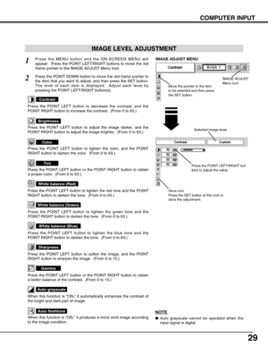 Page 2929
COMPUTER INPUT
Press the POINT LEFT/RIGHT but-
tons to adjust the value.
Press the MENU button and the ON-SCREEN MENU will
appear.  Press the POINT LEFT/RIGHT buttons to move the red
frame pointer to the IMAGE ADJUST Menu icon.1
2Press the POINT DOWN button to move the red frame pointer to
the item that you want to adjust, and then press the SET button.
The level of each item is displayed.  Adjust each level by
pressing the POINT LEFT/RIGHT button(s).
Move the pointer to the item
to be selected and...