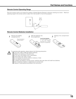 Page 1515
Part Names and Functions
To guarantee safe operation, please observe the following precautions :
Use (2) AA, UM3 or R06 type alkaline batteries.
Replace two batteries at the same time.
Do not use a new battery with a used battery.
Avoid contact with water or liquid.
Do not expose the remote control to moisture, or heat.
Do not drop the remote control.
If a battery has leaked on remote control, carefully wipe case clean and install new batteries.
Risk of explosion if battery is replaced by an...