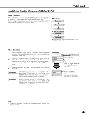 Page 3333
Video Input
Press the MENU button and the On-Screen Menu will appear.
Press the Point Left/Right button to move the red frame pointer
to the Input Menu icon.1
Press the Point Down button to move the red arrow pointer to
either Computer 1 or Computer 2 (Only the Computer 1 is
displayed when Monitor out is selected in the Setting Menu.),
and then press the SET button.  The Source Select Menu will
appear.   2
Move the pointer to the correct input source and then press the
SET button.3
Move the pointer...