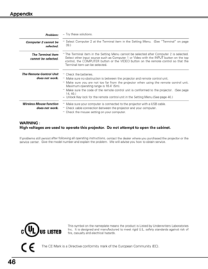 Page 4646
This symbol on the nameplate means the product is Listed by Underwriters Laboratories
Inc.  It is designed and manufactured to meet rigid U.L. safety standards against risk of
fire, casualty and electrical hazards.
Appendix
WARNING :
High voltages are used to operate this projector.  Do not attempt to open the cabinet.
If problems still persist after following all operating instructions,
contact the dealer where you purchased the projector or the
service center.Give the model number and explain the...