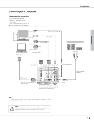 Page 1717
Installation
Installation
Connecting to a Computer
    AUDIO 
R      IN      L VIDEO IN    DVI-I/
RGB IN-1
SERVICE PORT S-VIDEO IN
 COMPUTER
  AUDIO IN
 AUDIO OUT
            RGB IN-2/
COMPONENT IN/
            RGB OUT
RESET
MCI
Cables used for connection
• VGA Cable (HDB 15 pin) ✽
• DVI-VGA Cable (HDB 15 pin) 
• USB Cable
• Audio Cables (Mini Plug: stereo)
✽
(✽= Not supplied with this projector.)
External Audio Equipment
VGA cable ✽ USB cableAudio cable (stereo) ✽
Audio cable ✽
(stereo)
Monitor...
