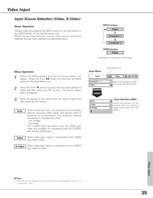 Page 3535
Choose Video by pressing the INPUT button on the top control or
the VIDEO button on the remote control unit.
Before using these buttons, correct input source should be
selected through menu operation as described below.
Press the MENU button and the On-Screen Menu will
appear.  Press the Point 
7 8button to move the red frame
pointer to the Input Menu icon.
Press the Point d dbutton to move the red arrow pointer to
Video and then press the SET button. The Source Select
Menu will appear. 
1
2
Move the...