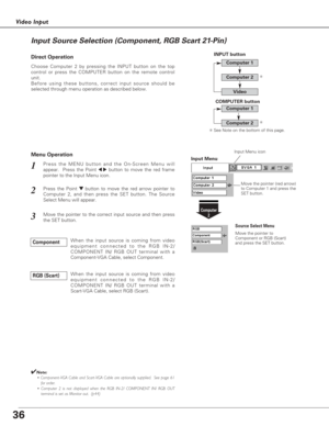 Page 3636
Video Input
Press the MENU button and the On-Screen Menu will
appear.  Press the Point 
7 8button to move the red frame
pointer to the Input Menu icon.1
Press the Point d dbutton to move the red arrow pointer to
Computer 2, and then press the SET button. The Source
Select Menu will appear.   2
Move the pointer to the correct input source and then press
the SET button.3
Move the pointer (red arrow)
to Computer 1 and press the
SET button.
Move the pointer to
Component or RGB (Scart)
and press the SET...