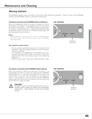 Page 4949
Maintenance & Cleaning
The WARNING indicator shows the state of the function which protects the projector.  Check the state of the WARNING
indicator and the POWER indicator to take proper maintenance. 
WARNINGLAMP REPLACE 
 POWER
 AUTO
  SET 
VOL
+
WARNING
blinking red
TOP CONTROL
Wa rn ing Indicator
The projector is shut down and the WARNING indicator is blinking red.
When the temperature inside the projector exceeds the normal
temperature, the projector is automatically shut down to protect
the...