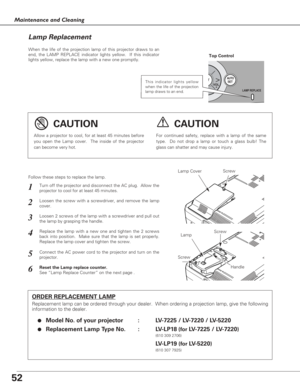 Page 5252
Maintenance and Cleaning
When the life of the projection lamp of this projector draws to an
end, the LAMP REPLACE indicator lights yellow.  If this indicator
lights yellow, replace the lamp with a new one promptly.
Follow these steps to replace the lamp.
Lamp Lamp Cover
ORDER REPLACEMENT LAMP
Replacement lamp can be ordered through your dealer.  When ordering a projection lamp, give the following
information to the dealer.
●
Model No. of your projector   : LV-7225 / LV-7220 / LV-5220
●Replacement Lamp...