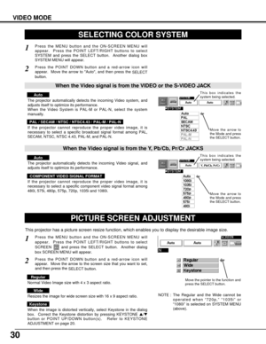 Page 3030
VIDEO MODE
SELECTING COLOR SYSTEM
Press the MENU button and the ON-SCREEN MENU will
appear.  Press the POINT LEFT/RIGHT buttons to select
SYSTEM and press the SELECT button.  Another dialog box
SYSTEM MENU will appear. 
Press the POINT DOWN button and a red-arrow icon will
appear.  Move the arrow to Auto, and then press the 
SELECT
button.  
1
2
The projector automatically detects the incoming Video system, and
adjusts itself to optimize its performance.
When the Video System is PAL-M or PAL-N, select...