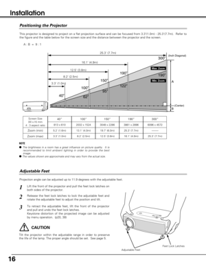 Page 1616
Installation
Projection angle can be adjusted up to 11.9 degrees with the adjustable feet. 
Lift the front of the projector and pull the feet lock latches on
both sides of the projector.1
Adjustable Feet
Feet Lock Latches
Release the feet lock latches to lock the adjustable feet and
rotate the adjustable feet to adjust the position and tilt. 2
To retract the adjustable feet, lift the front of the projector
and pull and undo the feet lock latches.
Keystone distortion of the projected image can be...