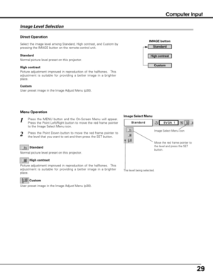 Page 2929
Computer Input
Press the MENU button and the On-Screen Menu will appear.
Press the Point Left/Right button to move the red frame pointer
to the Image Select Menu icon.1
2Press the Point Down button to move the red frame pointer to
the level that you want to set and then press the SET button.
Move the red frame pointer to
the level and press the SET
button.
The level being selected.
Image Select Menu
Normal picture level preset on this projector.Standard
High contrast
User preset image in the Image...