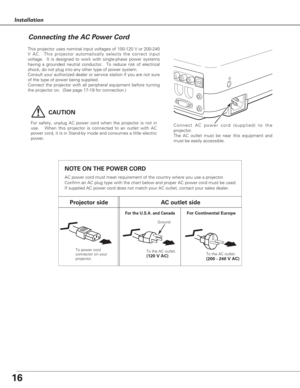 Page 1616
NOTE ON THE POWER CORD
AC power cord must meet requirement of the country where you use a projector.
Confirm an AC plug type with the chart below and proper AC power cord must be used.
If supplied AC power cord does not match your AC outlet, contact your sales dealer.
Installation
To power cord
connector on your
projector.
Projector sideAC outlet side
Ground
To the AC outlet.(120 V AC)
For Continental EuropeFor the U.S.A. and Canada
This projector uses nominal input voltages of 100-120 V or 200-240
V...