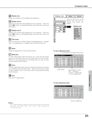 Page 3131
Computer Input
Select the resolution at the Display area dialog box.Display area
Adjusts the horizontal area displayed by this projector.  Press the
Point 
7 8button to decrease/increase value and then press the
SET button.Display area H
Adjusts the vertical area displayed by this projector.  Press the
Point 
7 8button to decrease/increase value and then press the
SET button.Display area V
With this function on, SXGA image is fully displayed at 4 : 3 aspect
ratio.  It is displayed at 5 : 4 aspect...